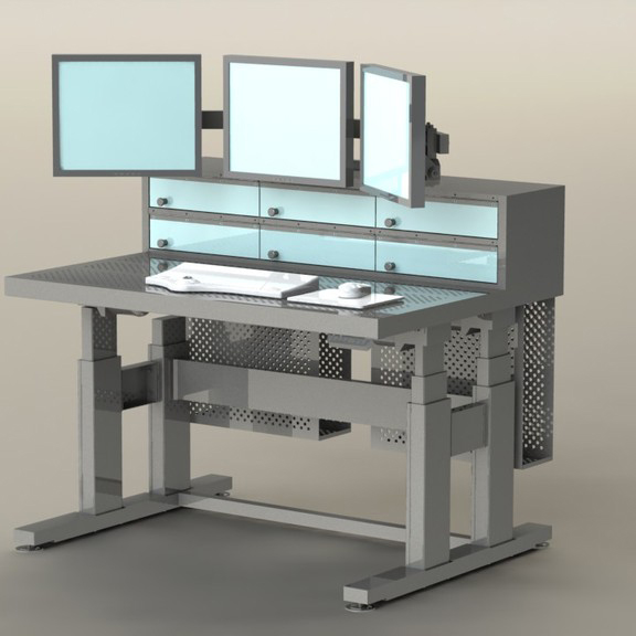 This photo shows a custom designed clean room workstation that holds three monitors.