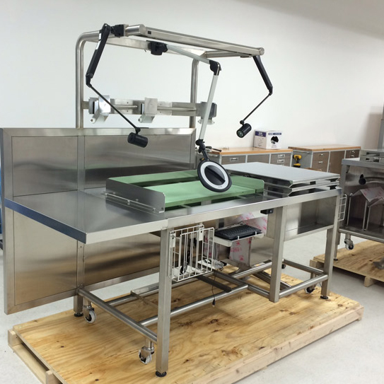 This is a custom fabricated stainless steel workstation made for cleanrooms.