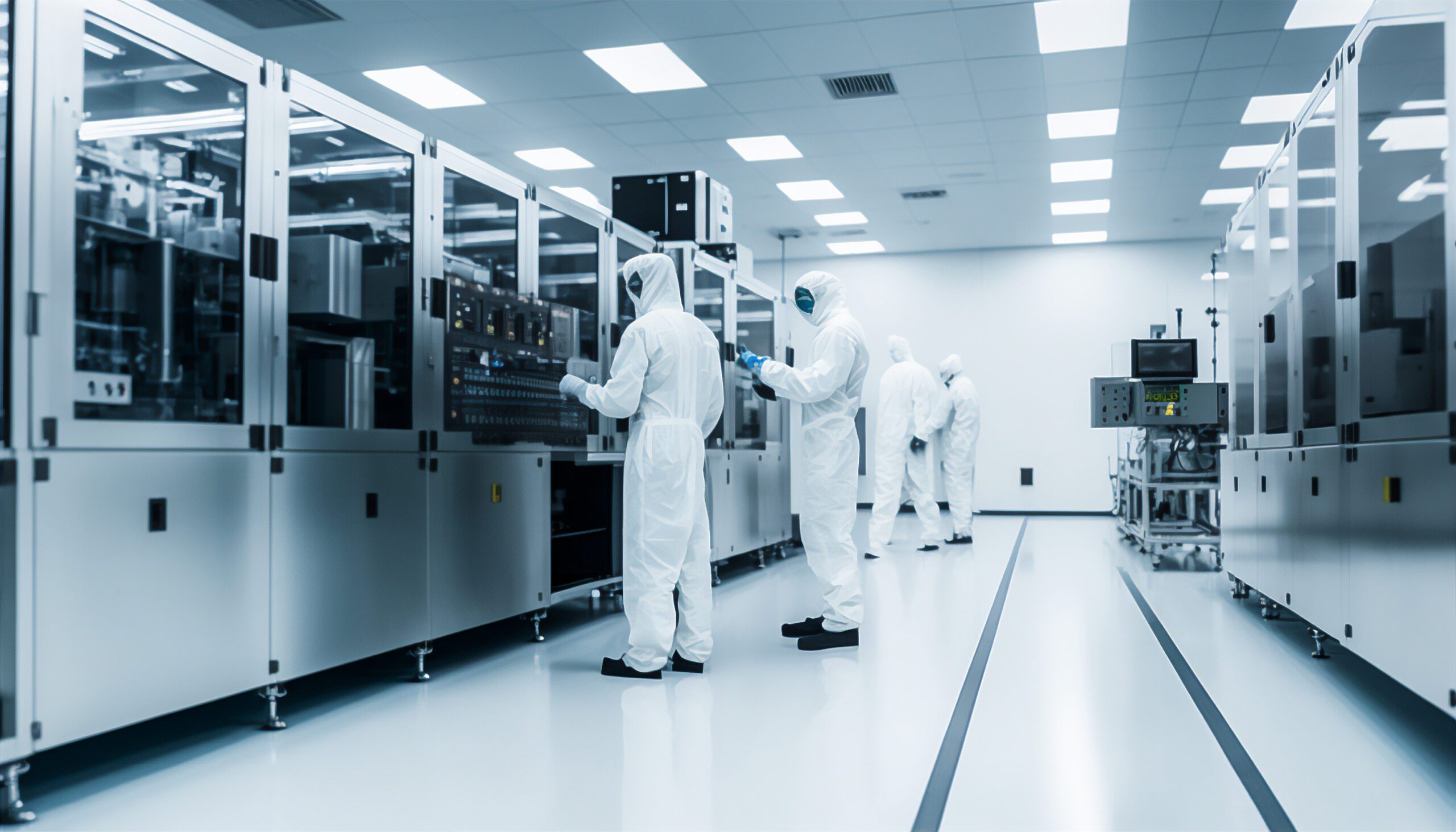 A picture of laboratory workers in a cleanroom environment.  Click on this photo to learn more about how Pro-Fab can help with your custom metal fabrication and cleanroom equipment needs.