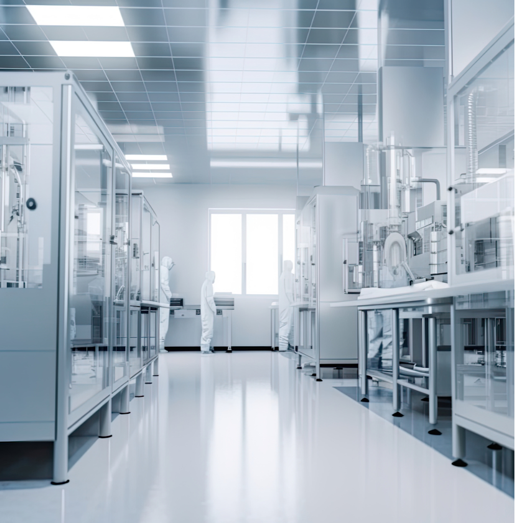 Picture of a semiconductor manufacturing Cleanroom with gowned workers.  Click here for our cleanroom offerings.