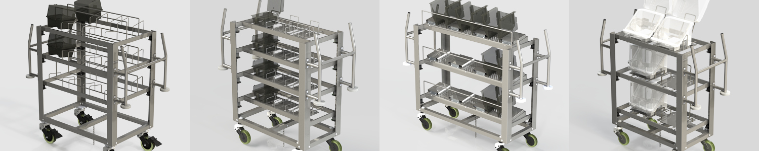 Collage banner of cleanroom wafer transport carts from Pro-Fab Inc.